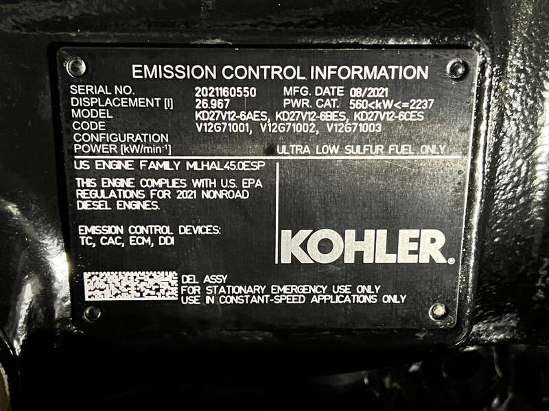 New Kohler KD1000 KD27V12 Diesel Generator 0 Hrs EPA Tier 2