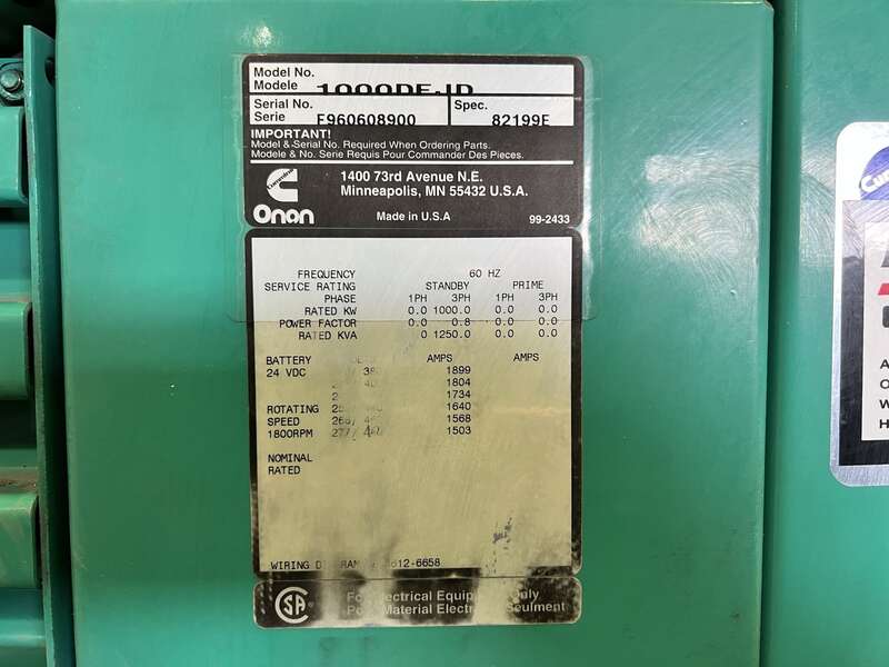 Used Cummins DFJD KTA38-G4 Diesel Generator, 355 Hrs