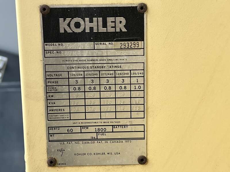 Used Kohler 125ROZJ71 Diesel Generator 527 Hrs