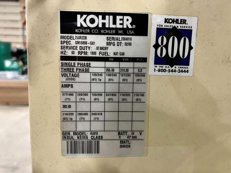 Used Kohler 250RZDB Natural Gas Generator, 682 Hrs