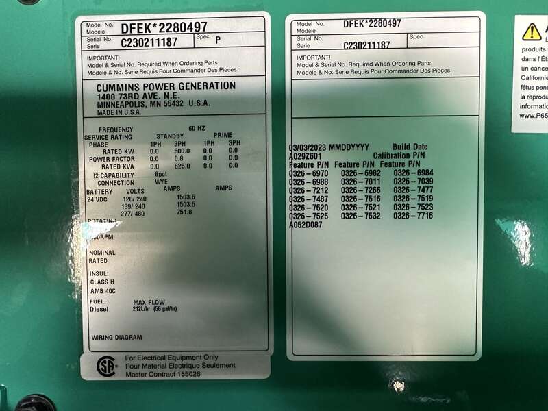 New Cummins DFEK QSX15-G9 Diesel Generator EPA Tier 2