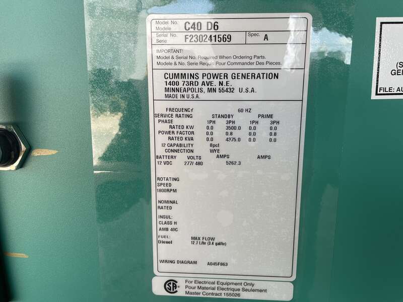 New Cummins C40D6C 4BT3.5-G5 NR3 Diesel Generator, EPA Tier 3