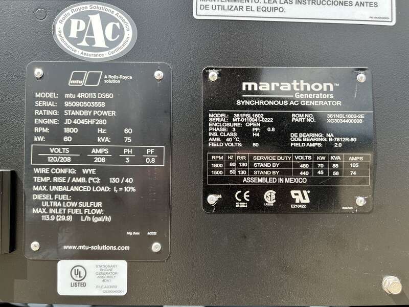 New MTU / Detroit Diesel DS60 John Deere 5030HF270 Diesel Generator, 0 Hrs, EPA Tier 3