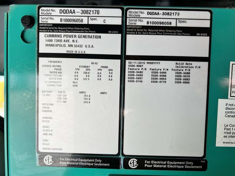 Used Cummins DQDAA QSL9-G3 NR3 Diesel Generator, 361 Hrs, EPA Tier 3