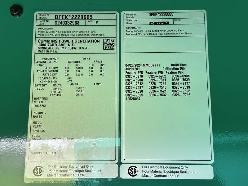 New Cummins DFEK QSX15-G9 Diesel Generator EPA Tier 2
