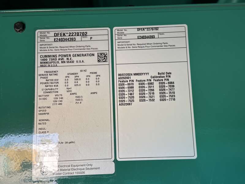 New Cummins DFEK QSX15-G9 Diesel Generator EPA Tier 2