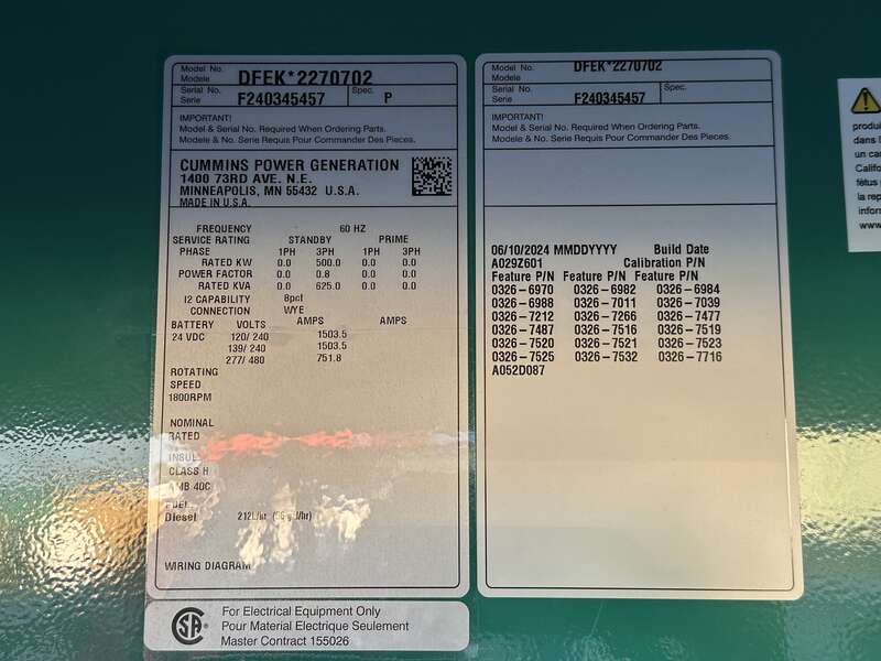 New Cummins DFEK QSX15-G9 Diesel Generator EPA Tier 2