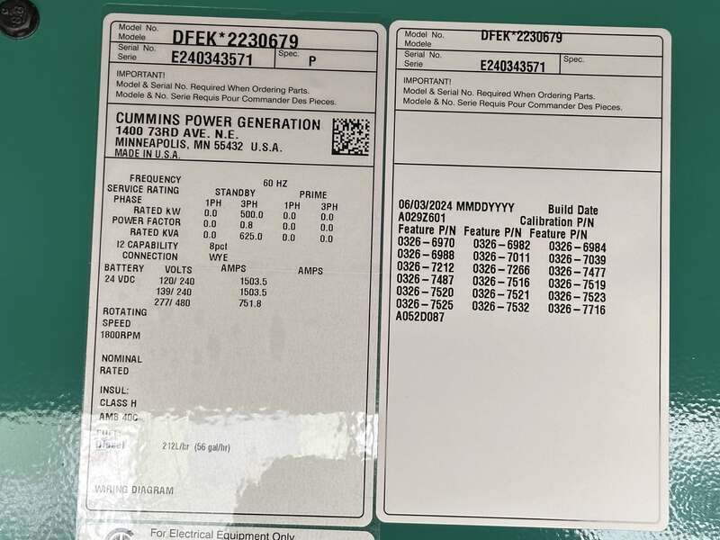 New Cummins DFEK QSX15-G9 Diesel Generator EPA Tier 2