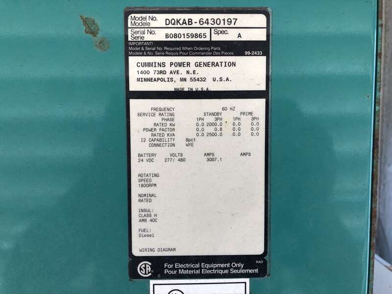 Used Cummins DQKAB QSK60-G6 Diesel Generator, 782 Hrs, EPA Tier 2