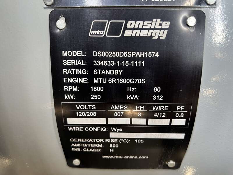 Used MTU DS250 6R1600G70S Diesel Generator, 3 Hrs, EPA Tier 3