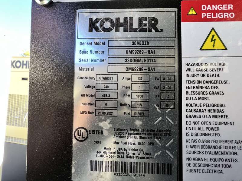 New Kohler 30REOZK Diesel Generator, 0 Hrs, EPA Tier 3, Single Phase