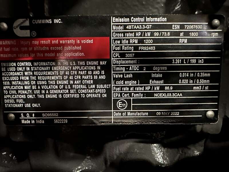 New Cummins C60D6 Diesel Generator, EPA Tier 3 - Single Phase