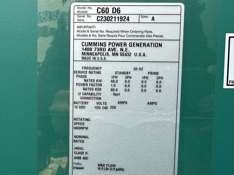 New Cummins C60D6 Diesel Generator, EPA Tier 3 - Single Phase