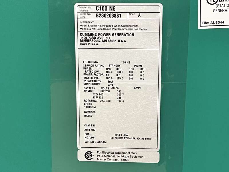 New Cummins C100N6 QSJ8.9G Natural Gas / Propane Generator, EPA Certified