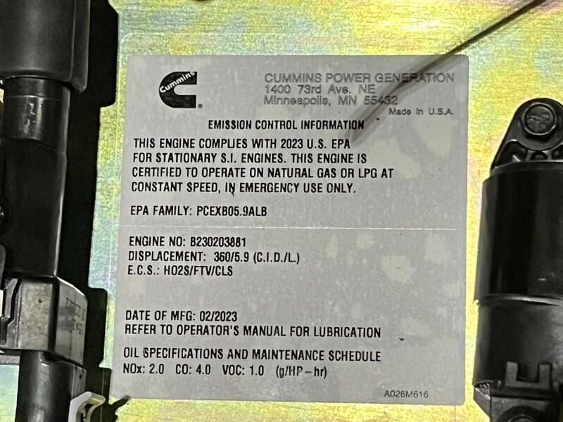 New Cummins C100N6 QSJ8.9G Natural Gas / Propane Generator, EPA Certified