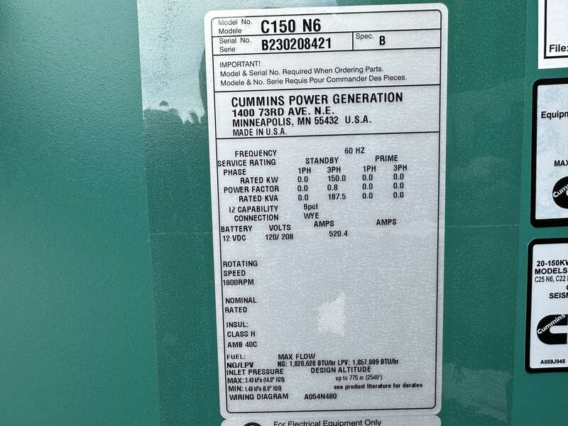 New Cummins C150N6 QSJ8.9G Natural Gas / Propane Generator, EPA Certified