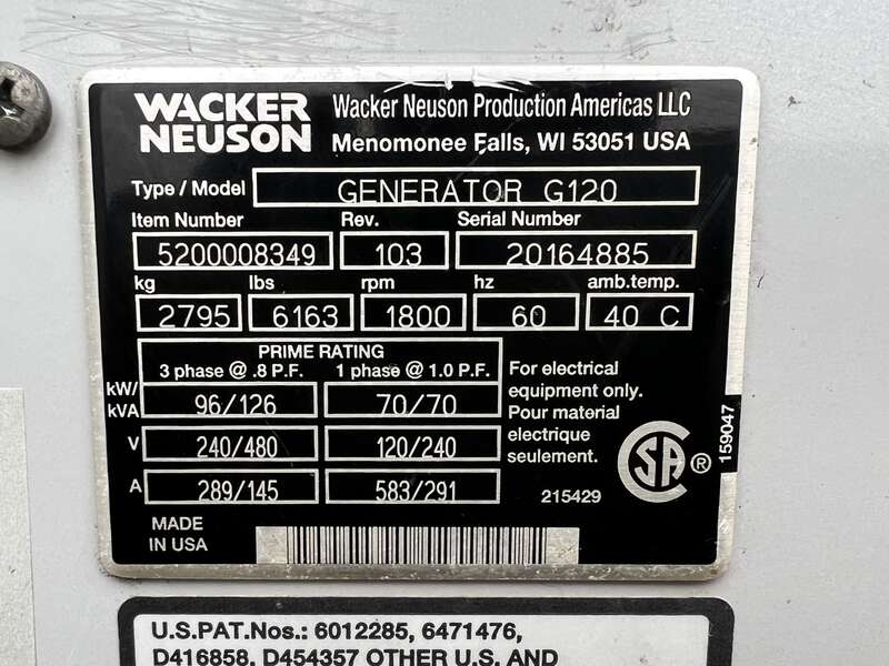 Used Wacker Neuson G120 Rental Grade Diesel Generator, 16130 Hrs, EPA Tier 3 Flex