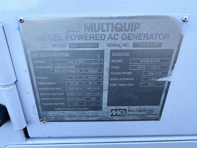 Used Multiquip DCA-70SSIU4F Rental Grade Diesel Generator, 6871 Hrs, EPA Tier 4F