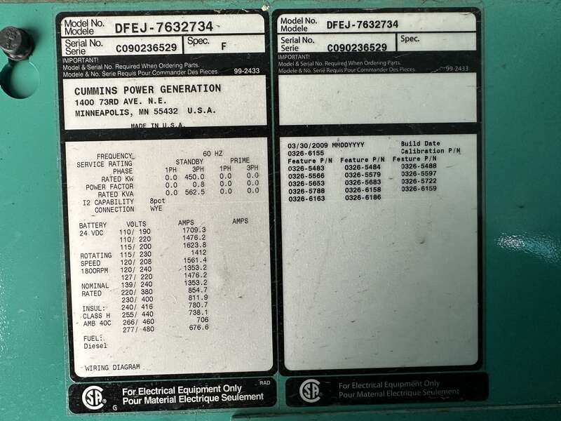 Used Cummins DFEJ QSX15-G9 NR2 Diesel Generator 321 Hrs EPA Tier 2