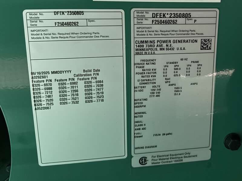 New Cummins DFEK QSX15-G9 Diesel Generator EPA Tier 2