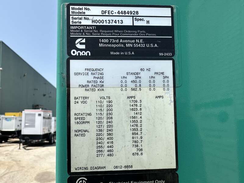 Used Cummins DFEC KTA19-G3 Diesel Generator, 413 Hrs