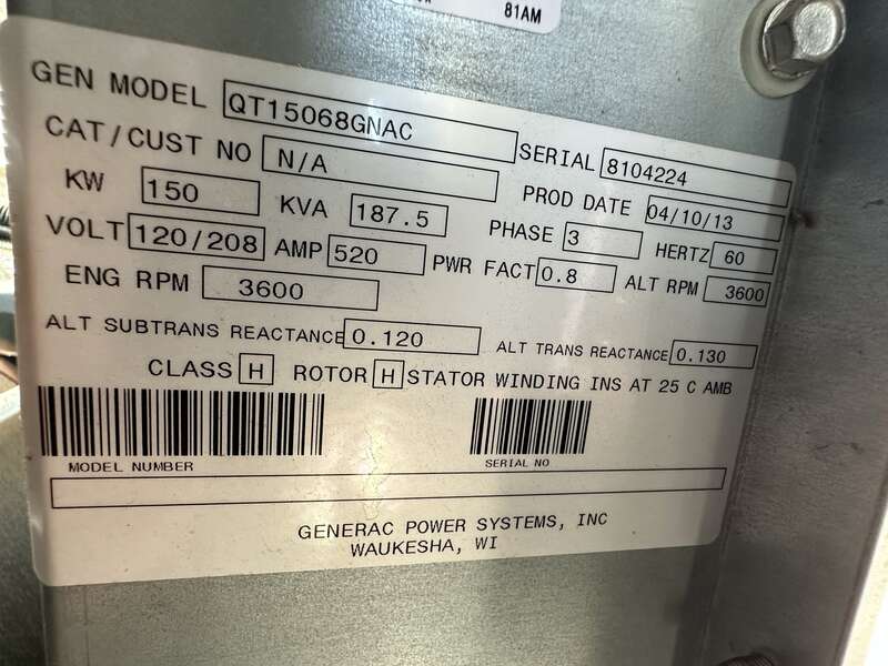 Used Generac QT150 Natural Gas / Propane Generator, 99 Hrs, EPA Certified