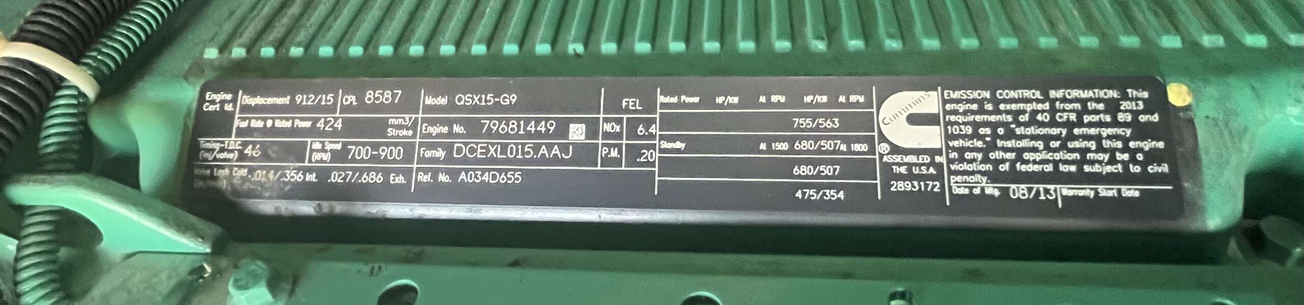 Used Cummins DFEK QSX15-G9 Diesel Generator 276 Hrs EPA Tier 2