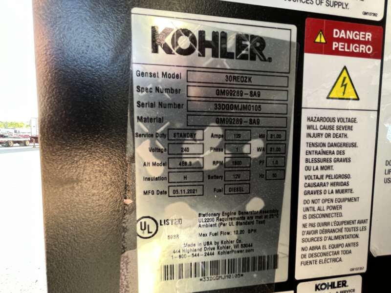 New Kohler 30REOZK Diesel Generator, 0 Hrs, EPA Tier 3, Single Phase