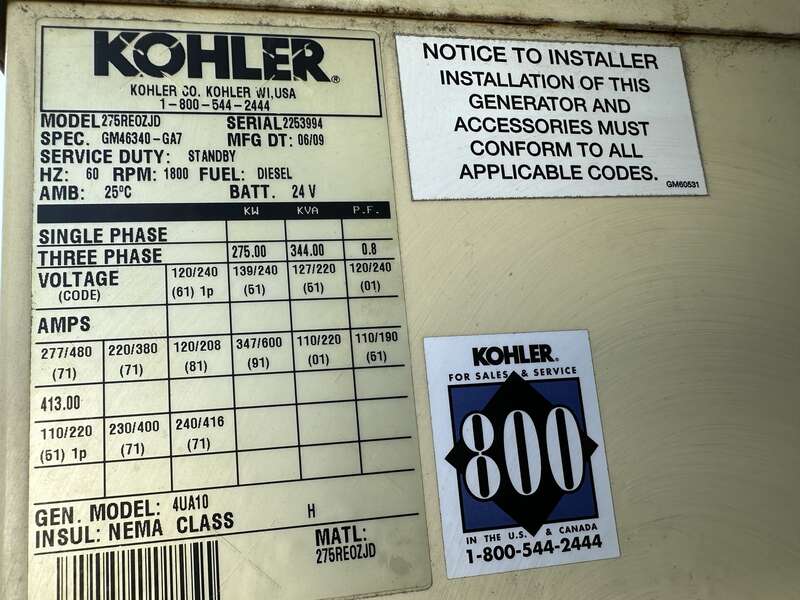 Used Kohler 275REOZJD John Deere 6090HF485 Diesel Generator, 482 Hrs, EPA Tier 3