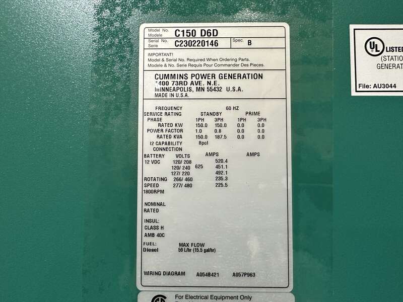 New Cummins C150D6D QSB7-G5 NR3 Diesel Generator, 0 Hrs, EPA Tier 3 ***1 or 3 Phase at 150 kW***