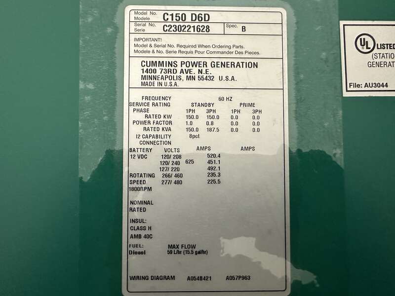 New Cummins C150D6D QSB7-G5 NR3 Diesel Generator, 0 Hrs, EPA Tier 3 ***1 or 3 Phase at 150 kW***