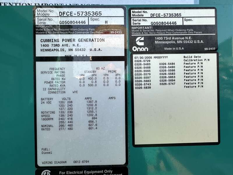 Used Cummins DFCE NTA855-G5 Diesel Generator, 395 Hrs