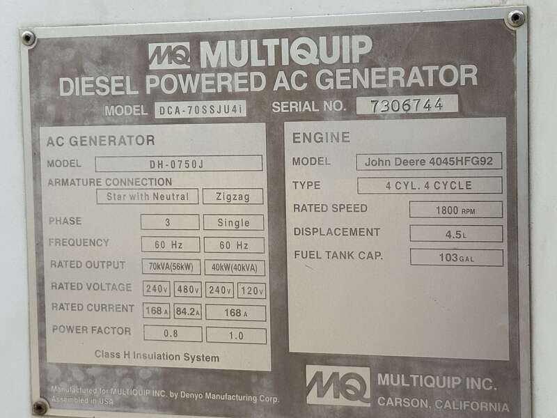 Used Multiquip DCA-70SSJU4i  Rental Grade Diesel Generator, 6593 Hrs, EPA Tier 4F