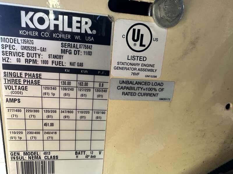 Used Kohler 125RZG Natural Gas Generator, 307 Hrs