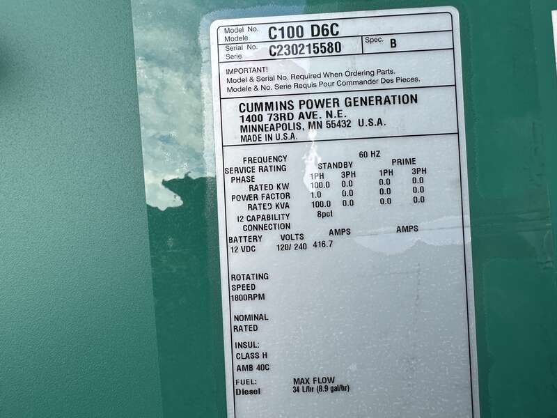 New Cummins C100D6C QSB5-G13 Diesel Generator, EPA Tier 3 - Single Phase