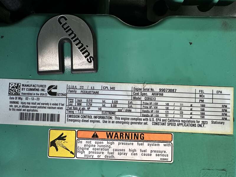 New Cummins C100D6C QSB5-G13 Diesel Generator, EPA Tier 3 - Single Phase