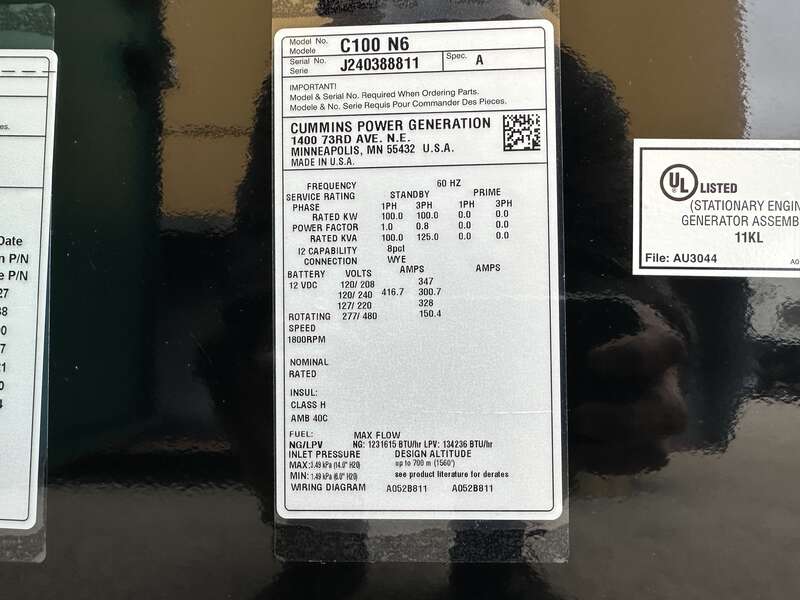 New Cummins C100N6 QSJ8.9G Natural Gas / Propane Generator, EPA Certified 1 or 3 Phase