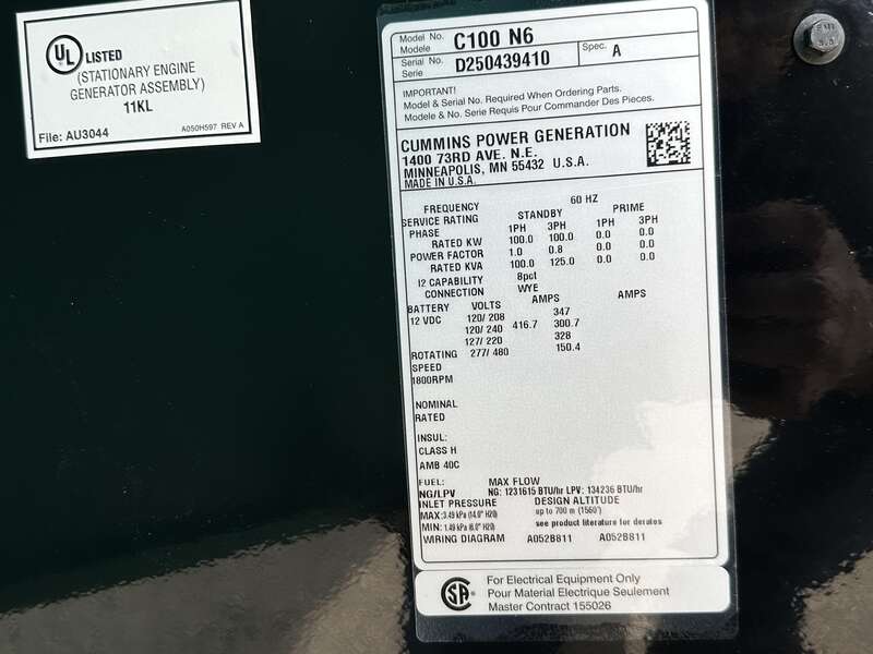 New Cummins C100N6 QSJ8.9G Natural Gas / Propane Generator, EPA Certified 1 or 3 Phase