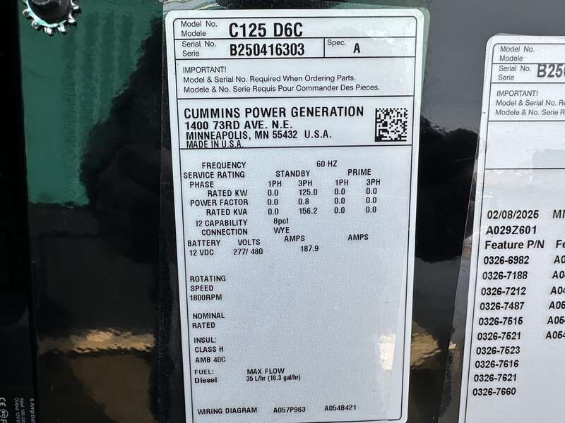 New Cummins C125D6C QSB5-G6 NR3 Diesel Generator, EPA Tier 3