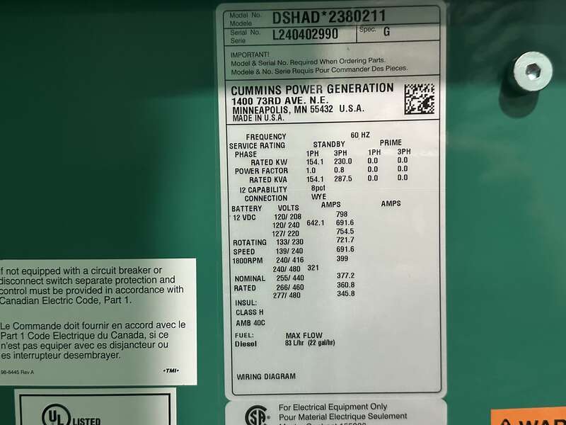 New Cummins DSHAD QSL9-G2 NR3 Diesel Generator EPA Tier 3