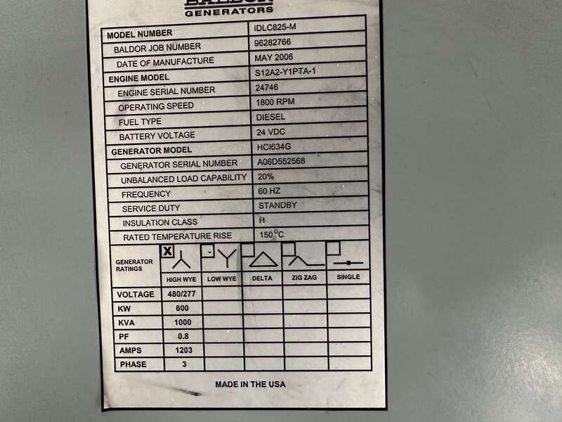 Used Baldor  IDLC825-M Diesel Generator, 1716 Hrs