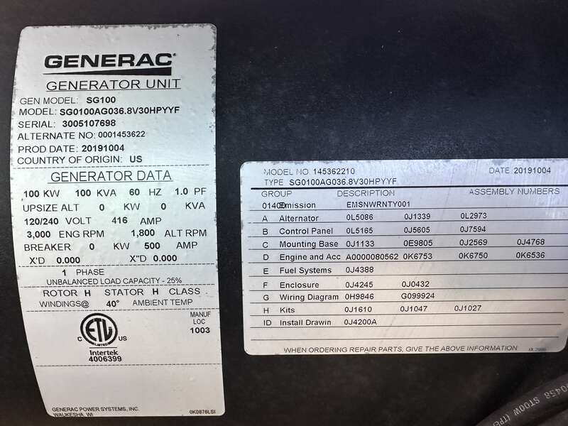 Used Generac SG0100 Natural Gas / Propane Generator, 1 Hrs Single Phase