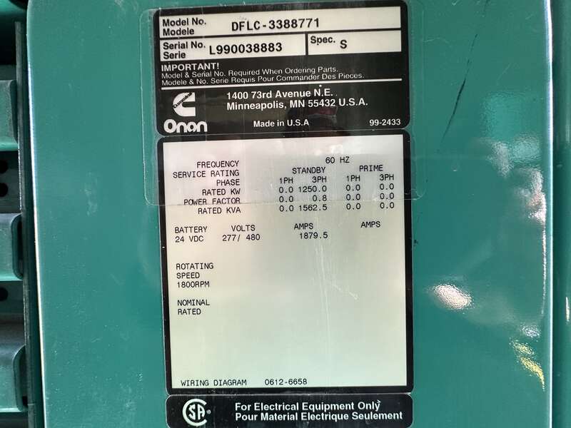 Used Cummins DFLC KTA50-G3 Diesel Generator, 499 Hrs