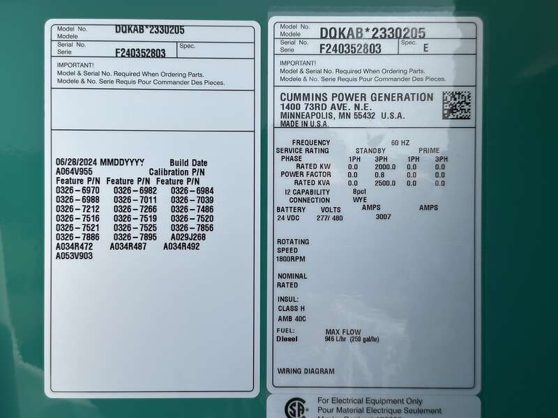New Cummins DQKAB QSK60-G6  Diesel Generator, EPA Tier 2