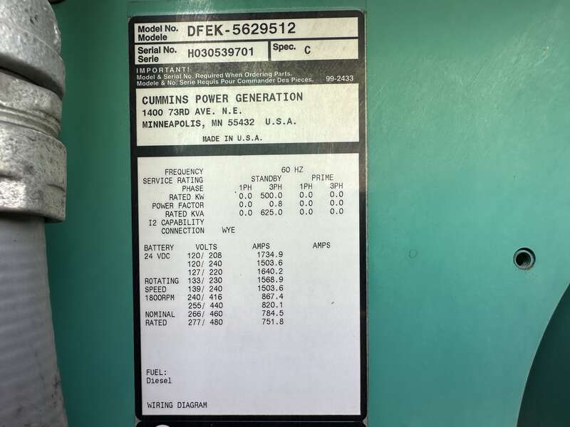 Used Cummins DFEK QSX15-G9 Diesel Generator, 179 Hrs, EPA Tier 2