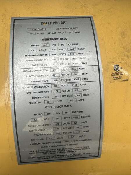 Used Caterpillar XQ425 Rental Grade Diesel Generator, 1703 Hrs, EPA Tier 4F
