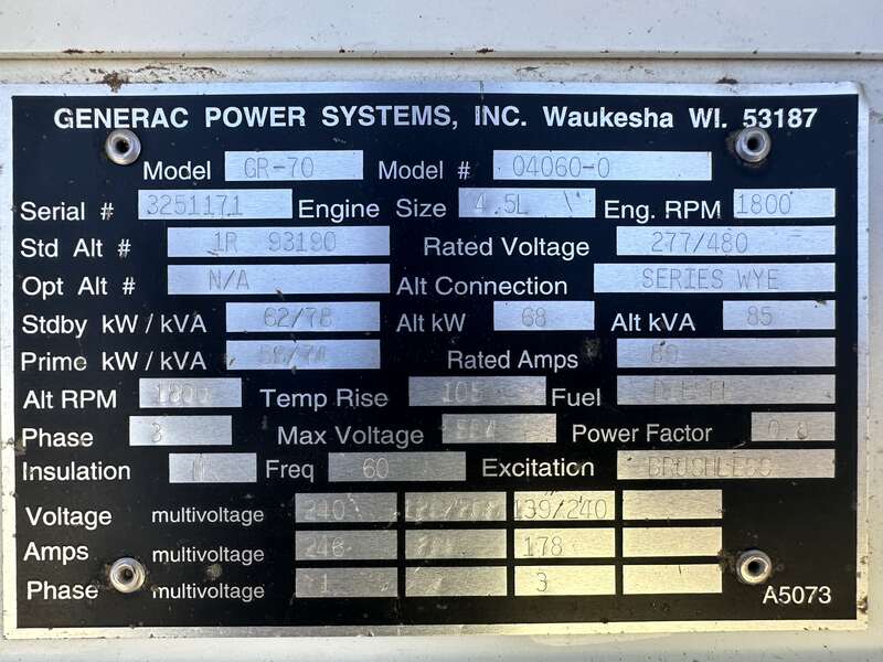 Used Generac GR-70 Rental Grade Diesel Generator 6566 Hrs