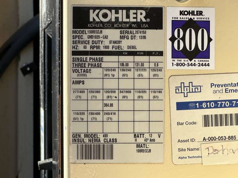 Used Kohler 100REOZJ Diesel Generator, 355 Hrs