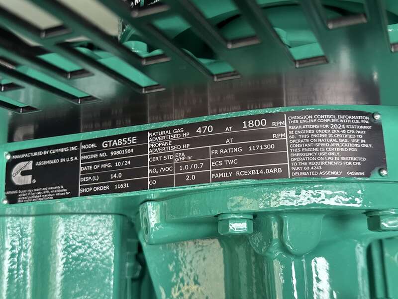 New Cummins C300N6 GTA855EICS Natural Gas Generator 0 Hrs EPA Certified