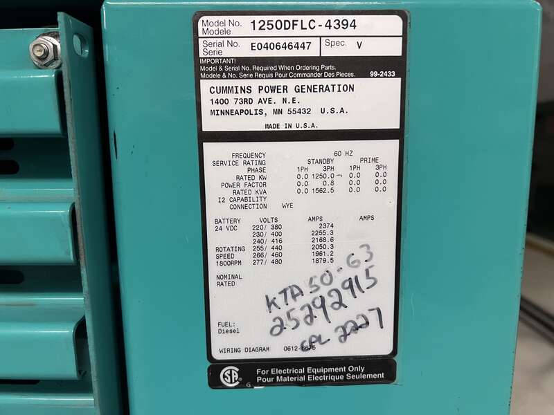 Used Cummins DFLC KTA50-G3 Diesel Generator, 661 Hrs